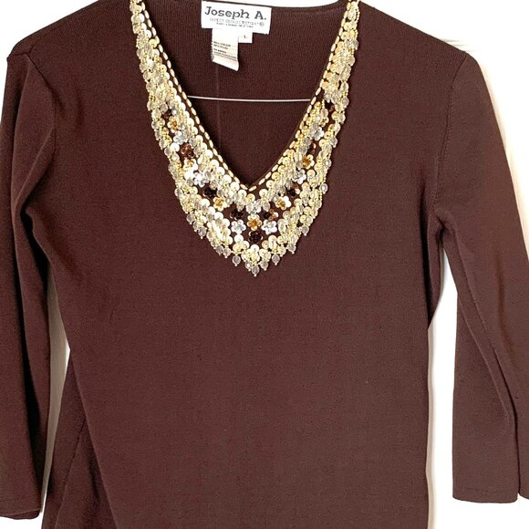 LUXE Brown Knit Sweater Top – Gold & Crystal Beaded Embellishment, 3/4 Sleeve L - Picture 1 of 7